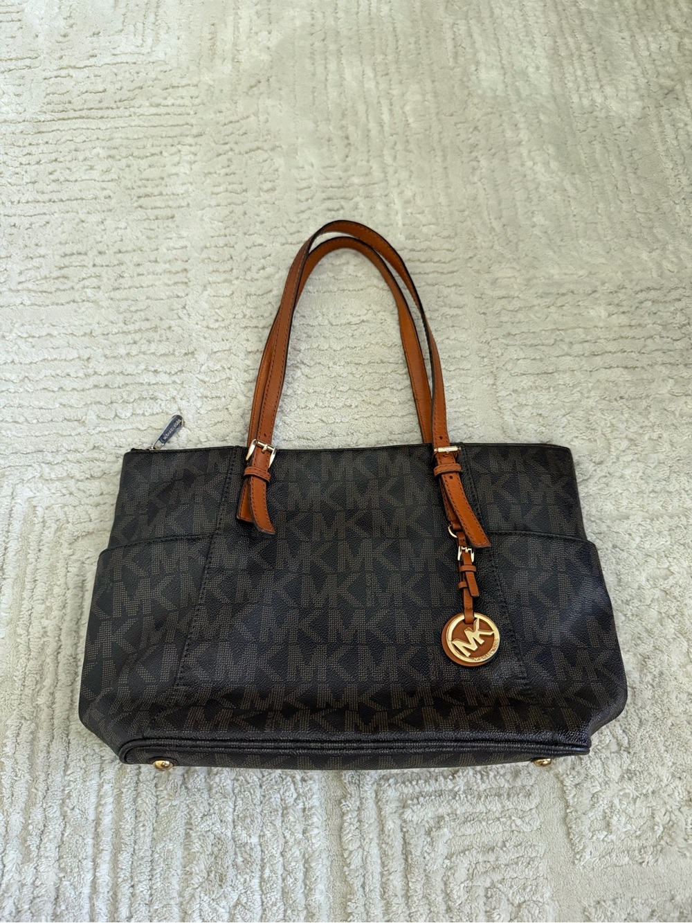 Michael Kors Brown Monogram Signature MK Logo Tote Shoulder Bag Gold Charm